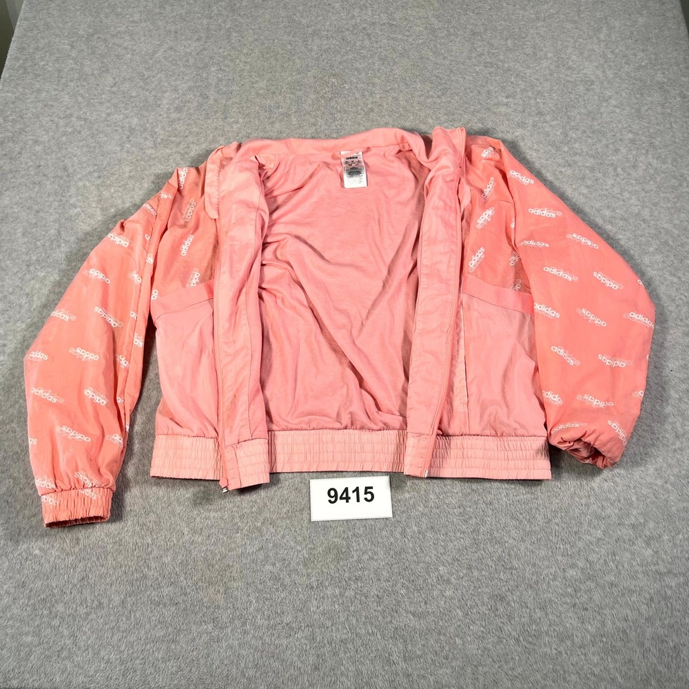 Adidas Windbreaker Jacket Womens M Pink Allover Logo Print Mock Neck Full Zip‎